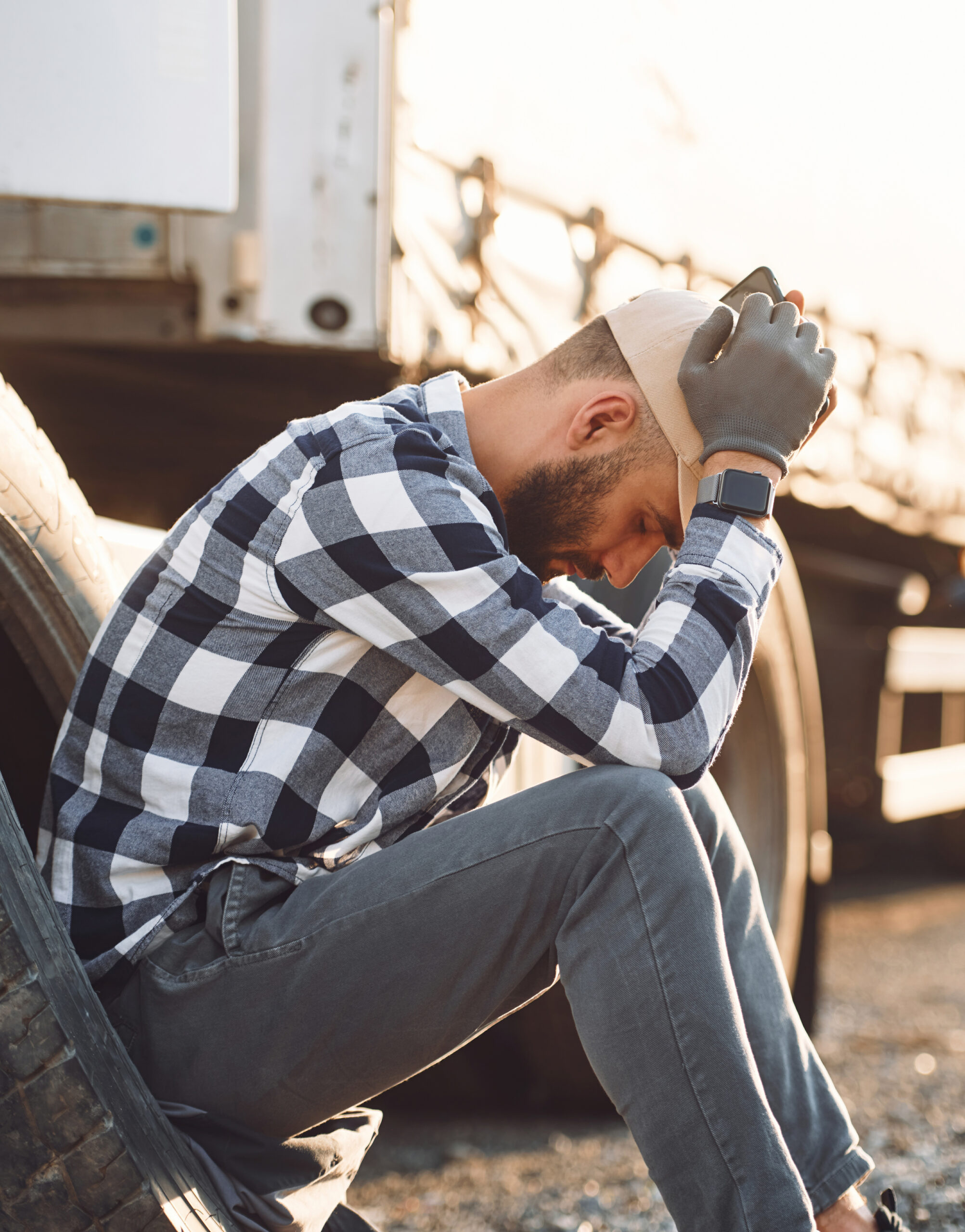 Sitting with phone waiting for help Damaged tire Young truck driver is with his vehicle at daytime
